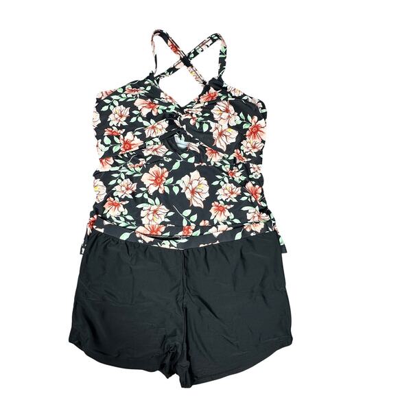 Grace Karin Tankini SwimSuit Womens 2XL Black Floral 2 Piece Shorts Crisscross - Picture 1 of 12